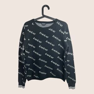 🖤 XL BEBE BLACK CLASSIC LOGO ALL OVER PRINT CREWNECK PRINT SWEATER TOP Y2K VTG